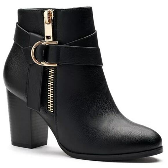 Apt 9 Black Buckled Bootie Block High Heel Side Zip Dress Up Ankle Boot Shoes - Picture 1 of 12